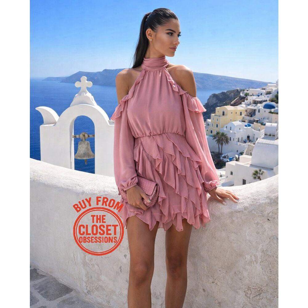 Zara NWT Pink Ruffle Cold Shoulder Halter Mini Dress L